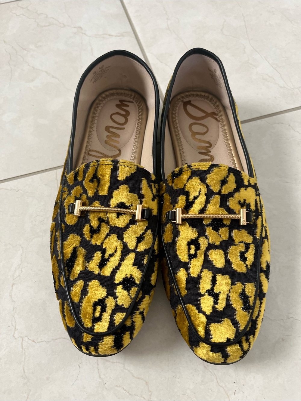 EC Sam Edelman Loraine Bit Gold Black Leopard Velvet Loafers Shoes 7
